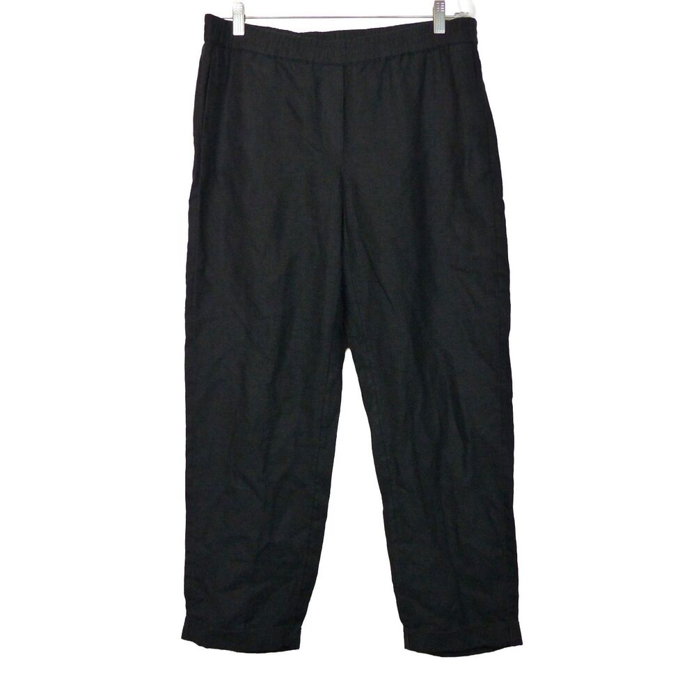 J.Jill Love Linen Pants Womens M Black Pull On Elastic Waist Straight Leg Cuff